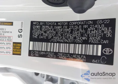 2022 Toyota Corolla Le from USA, damaged, VIN JTDEPMAE9N3017050